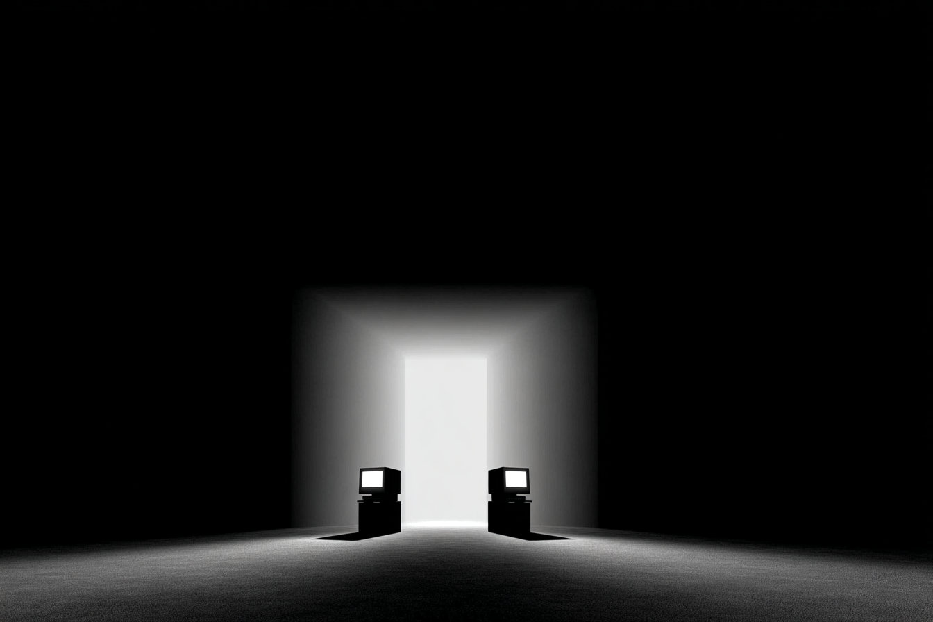 Two vintage CRT monitors face each other on pedestals before a glowing rectangular doorway in total darkness.