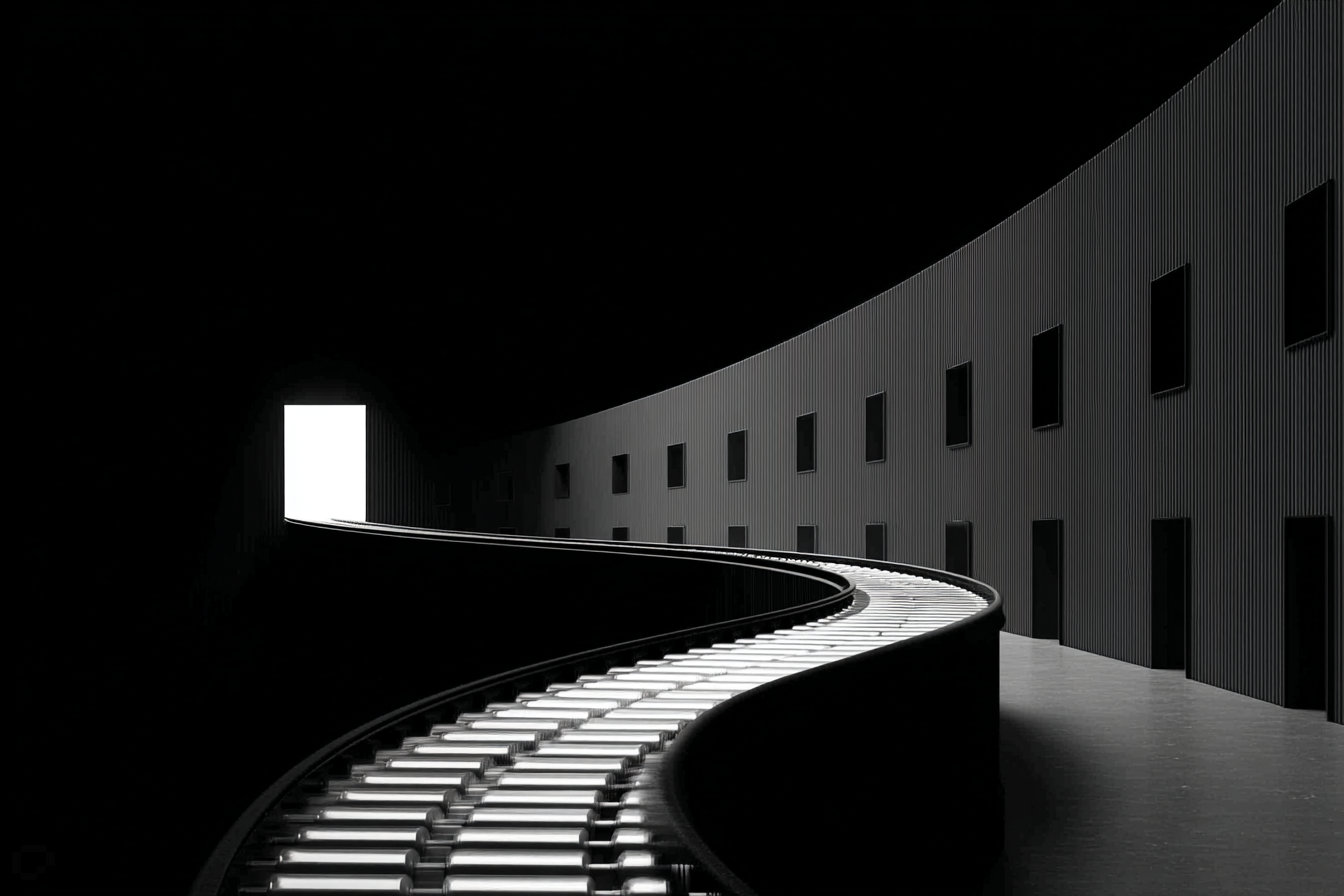 A curved illuminated conveyor belt winds through a dark circular building toward a bright rectangular exit.