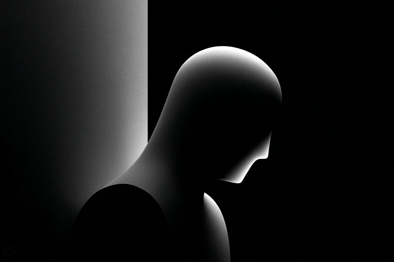 A smooth, faceless figure bows its head in profile, backlit against a soft gradient wall, steeped in shadow.