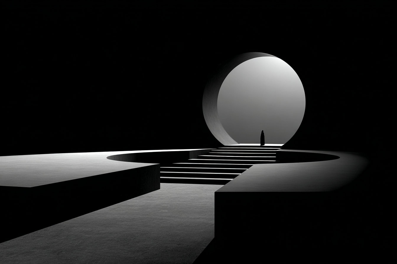 A lone cloaked figure stands before the first of three large circular archways receding into darkness, reflected in water.