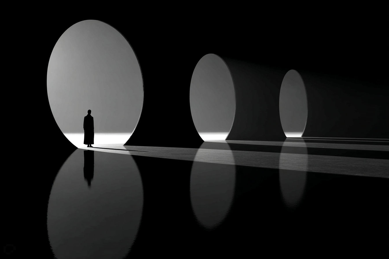 A cloaked silhouette stands at the top of lit stone stairs before a narrow luminous opening in a dark wall.