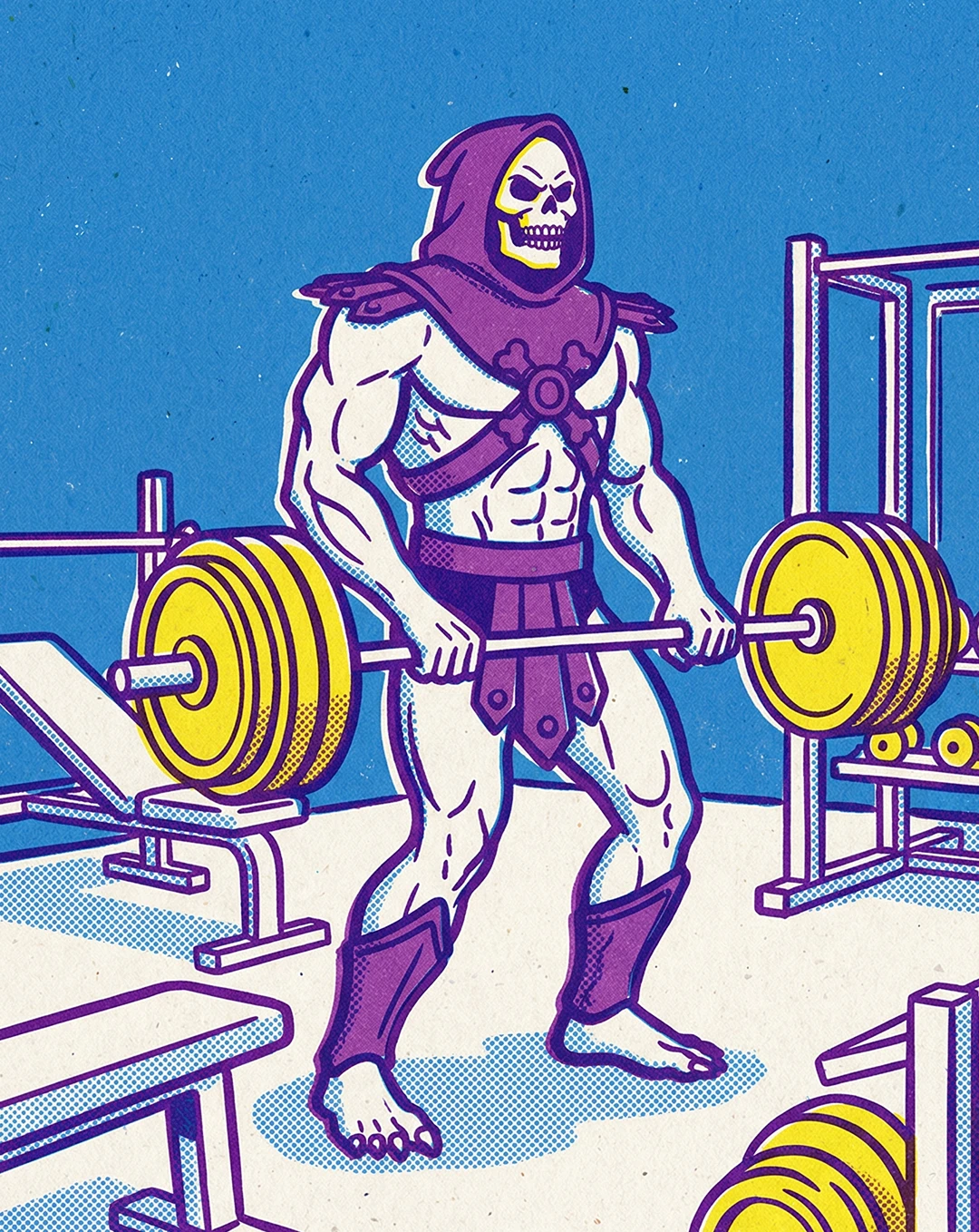 Retro cartoon illustration of Skeletor with a muscular physique lifting a barbell loaded with yellow weight plates in a gym, rendered in purple, yellow, and blue with halftone dot shading against a textured blue background