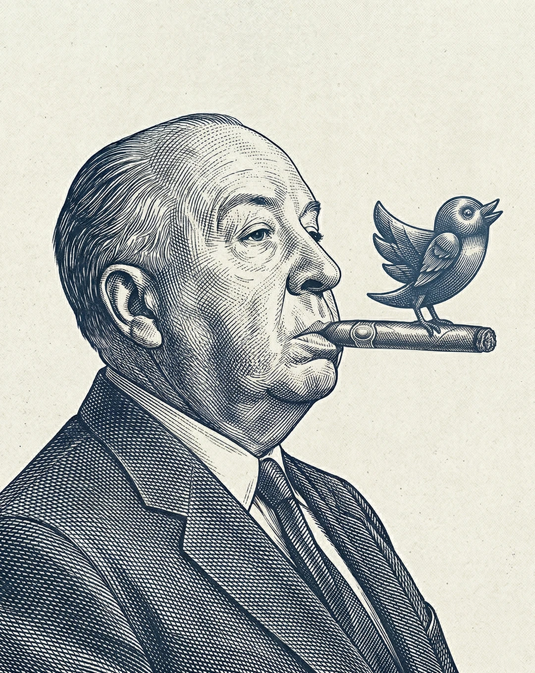 Engraved illustration of Alfred Hitchcock in a suit with a cigar in his mouth, upon which the Twitter bird stands and chirps, rendered in detailed cross-hatching style on a textured beige background.